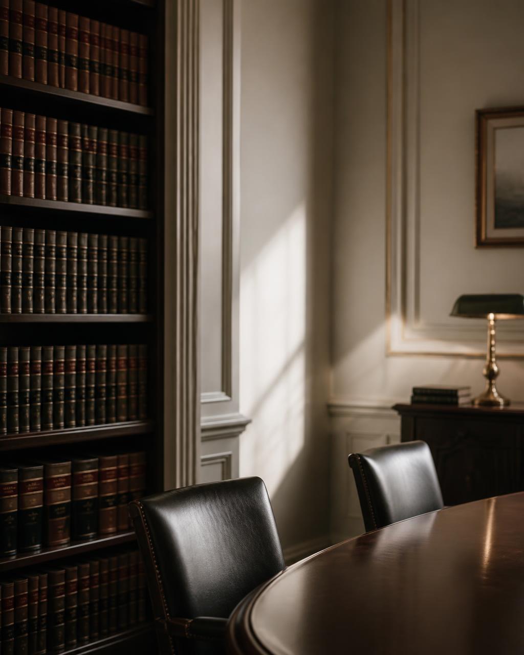 Law office library with leather-bound volumes and a conference table in warm daylight